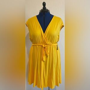 New York and Company bright yellow Midi Dress tie belt with pockets XL, NWT